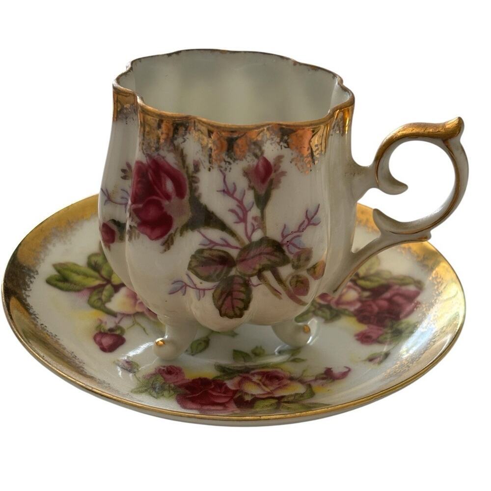 Saji Japan Footed Cup & Saucer – Hand Painted Floral w/ Gold Trim Rose 3 Footed